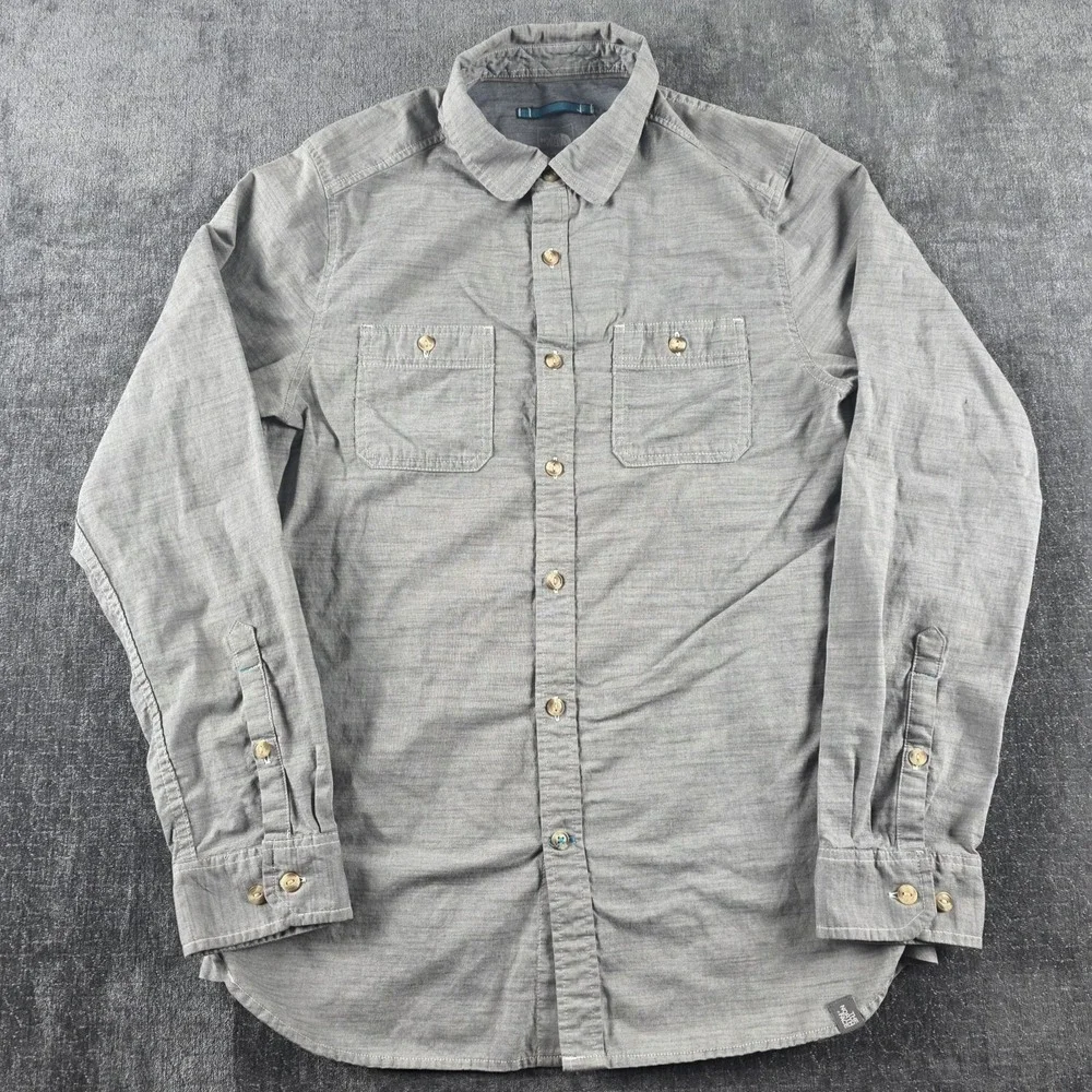 North Face Button Up Shirt Mens Medium Gray Long Sleeve Dual Pocket Casual M